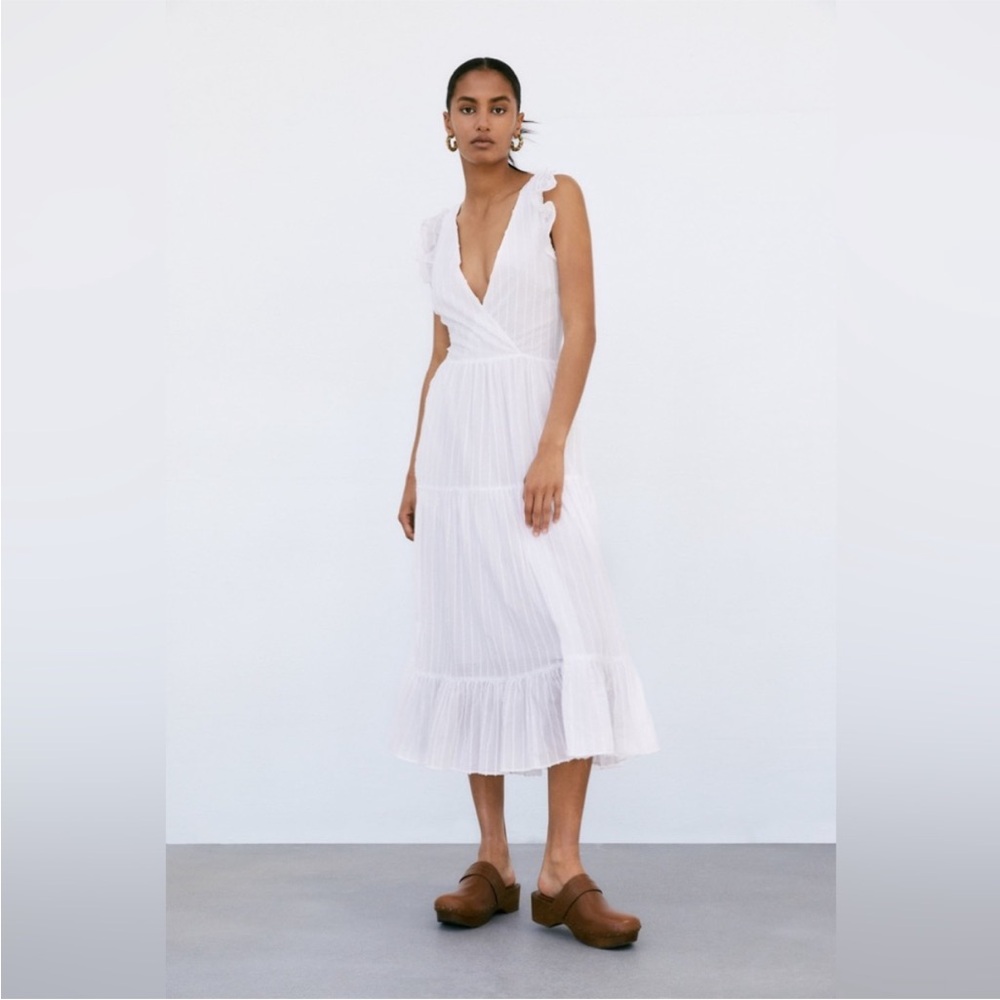 Zara White Ruffled Midi Dress